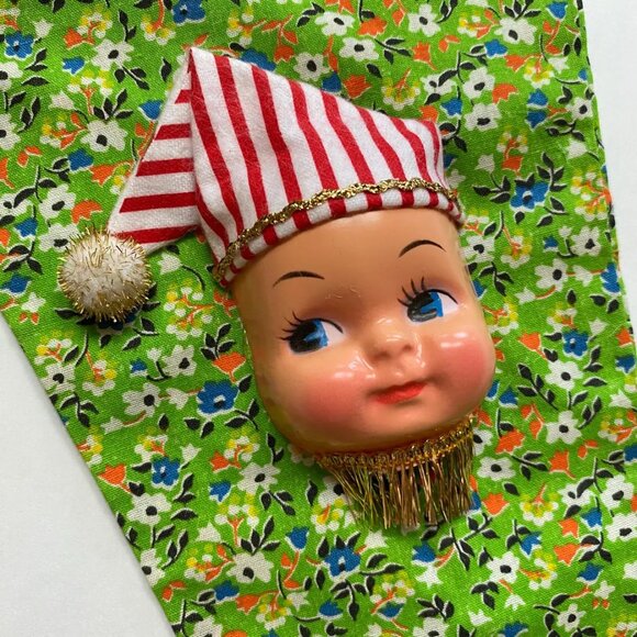 Christmas Stocking with Dolly Face Holiday Decor Xmas Vintage Handmade - Picture 3 of 5